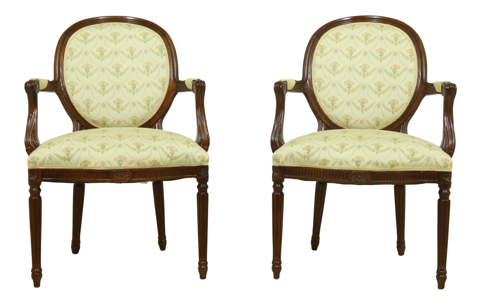 Elegant Pair of French Louis XVI Mahogany Armchairs: Elegant Pair of French Louis XVI Mahogany Armchairs This exquisite pair of French Louis XVI open armchairs showcases a timeless design with beautiful carved details, crafted from quality mahogany. App