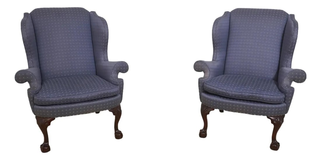 Set of 2 Winterthur Collection Chippendale Wingback Chairs with Ball and Claw Feet: Set of 2 Winterthur Collection Chippendale Wingback Chairs with Ball and Claw Feet This pair of Kindel Philadelphia clawfoot wing back chairs features fine carved details and is crafted in the Chippen