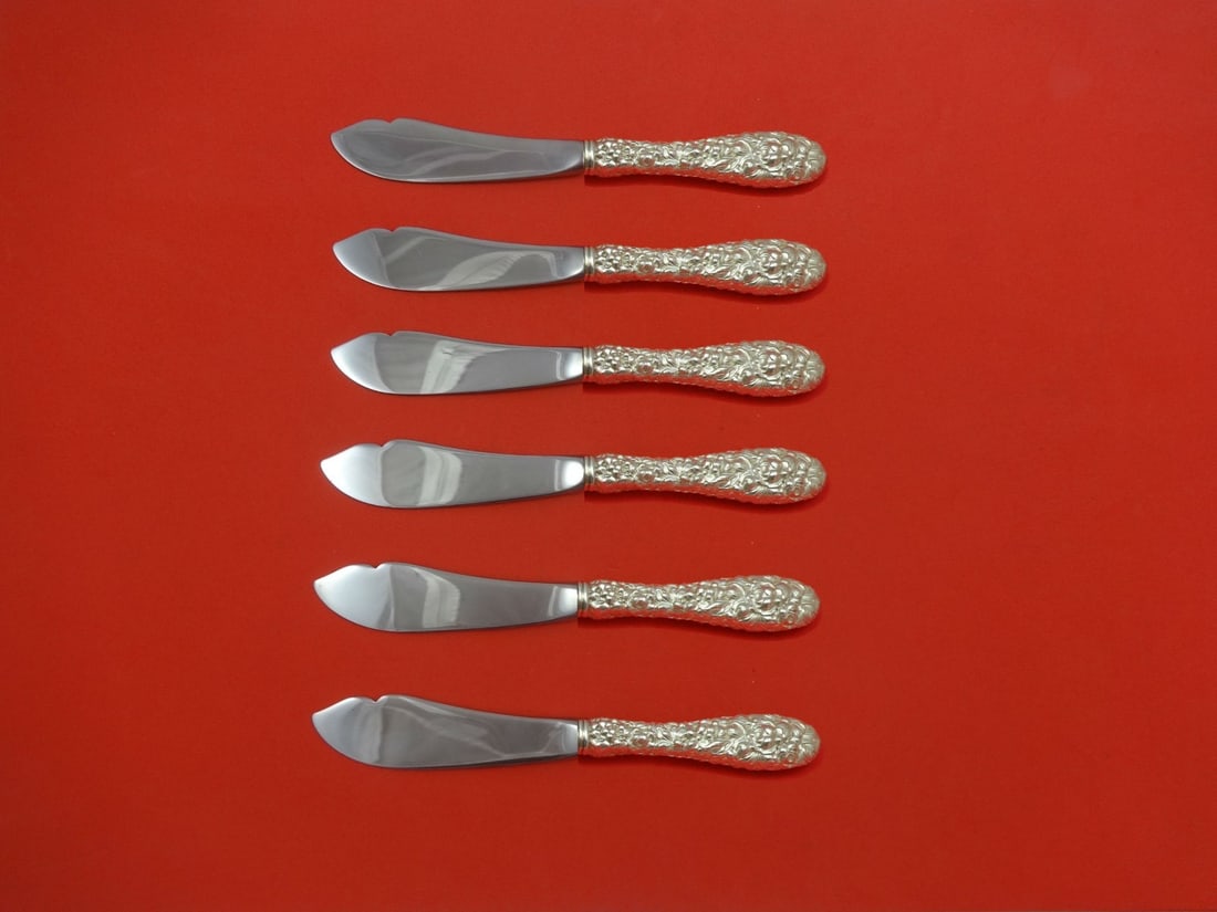 Stieff Rose Sterling Silver 6pc Trout Knife Set Custom Made 7.5": Stieff Rose Sterling Silver 6pc Trout Knife Set Custom Made 7.5" This exquisite 6-piece trout knife set features the elegant Rose pattern by Stieff. Each knife is custom made with a sterling silver ho