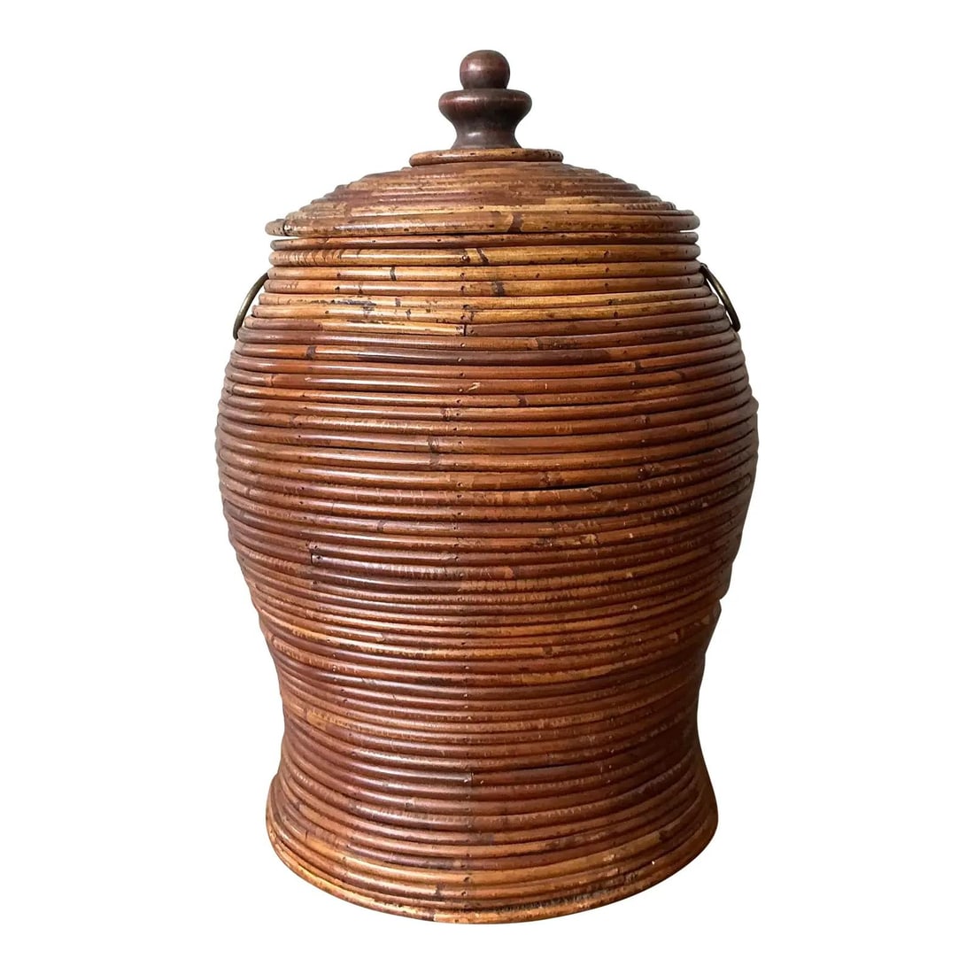 Pencil Reed Vintage Lidded Urn with Turned Wood Finial and Metal Ring Accent (1 of 7)