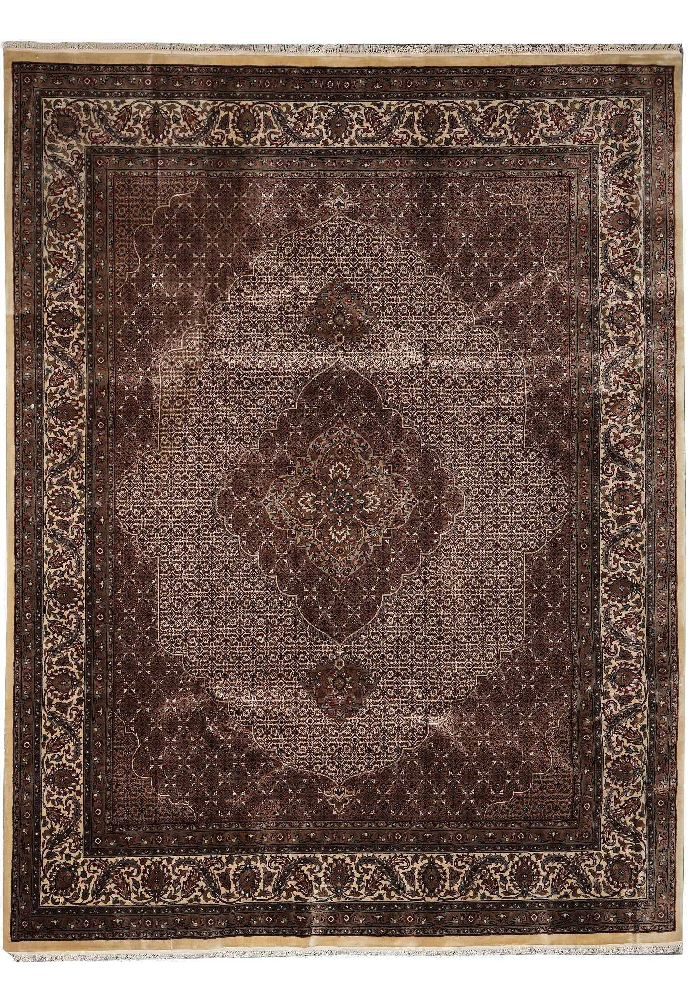 8.2 x 10.2 Handmade Wool Silk Mahi Tabriz Persian Rug Earthy Warm Colors: 8.2 x 10.2 Handmade Wool Silk Mahi Tabriz Persian Rug Earthy Warm Colors Free continental US Shipping This handmade Tabriz Mahi rug features an 8.2 x 10.2 ft size and is crafted from a premium blend o