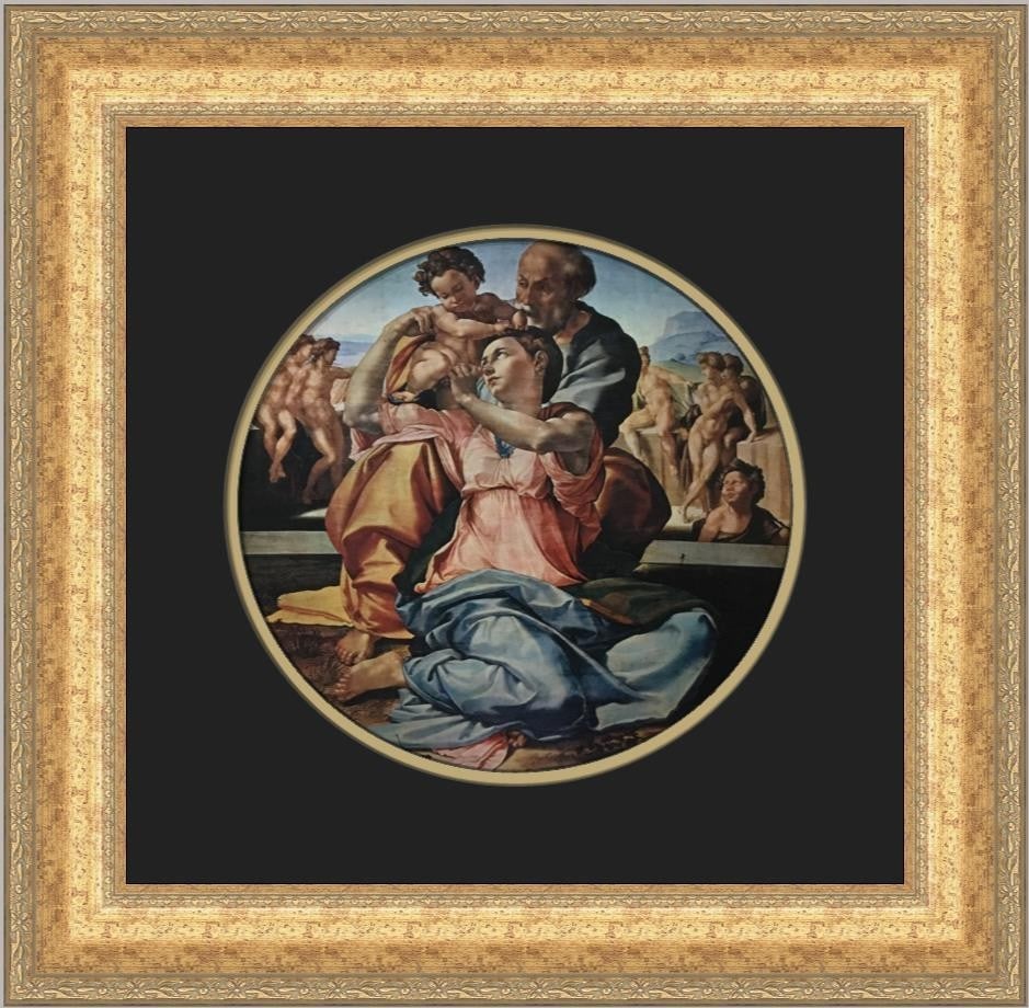 Michelangelo Doni Tondo Open Edition Framed Print: Michelangelo Doni Tondo Open Edition Framed Print This is a custom-framed open edition offset lithograph print of Michelangelo's "Doni Tondo." Produced in 1961, the print features a 10" x 10" image, p