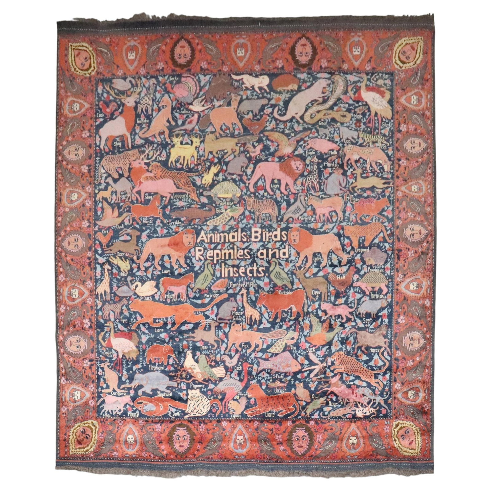 Folk Art Wool Hand Woven Afghan Pictorial Animal Rug: Folk Art Wool Hand Woven Afghan Pictorial Animal Rug This unique Crazy Animal Motif South Persian pictorial rug showcases a vibrant array of animals, each intricately woven and humorously spelled out.