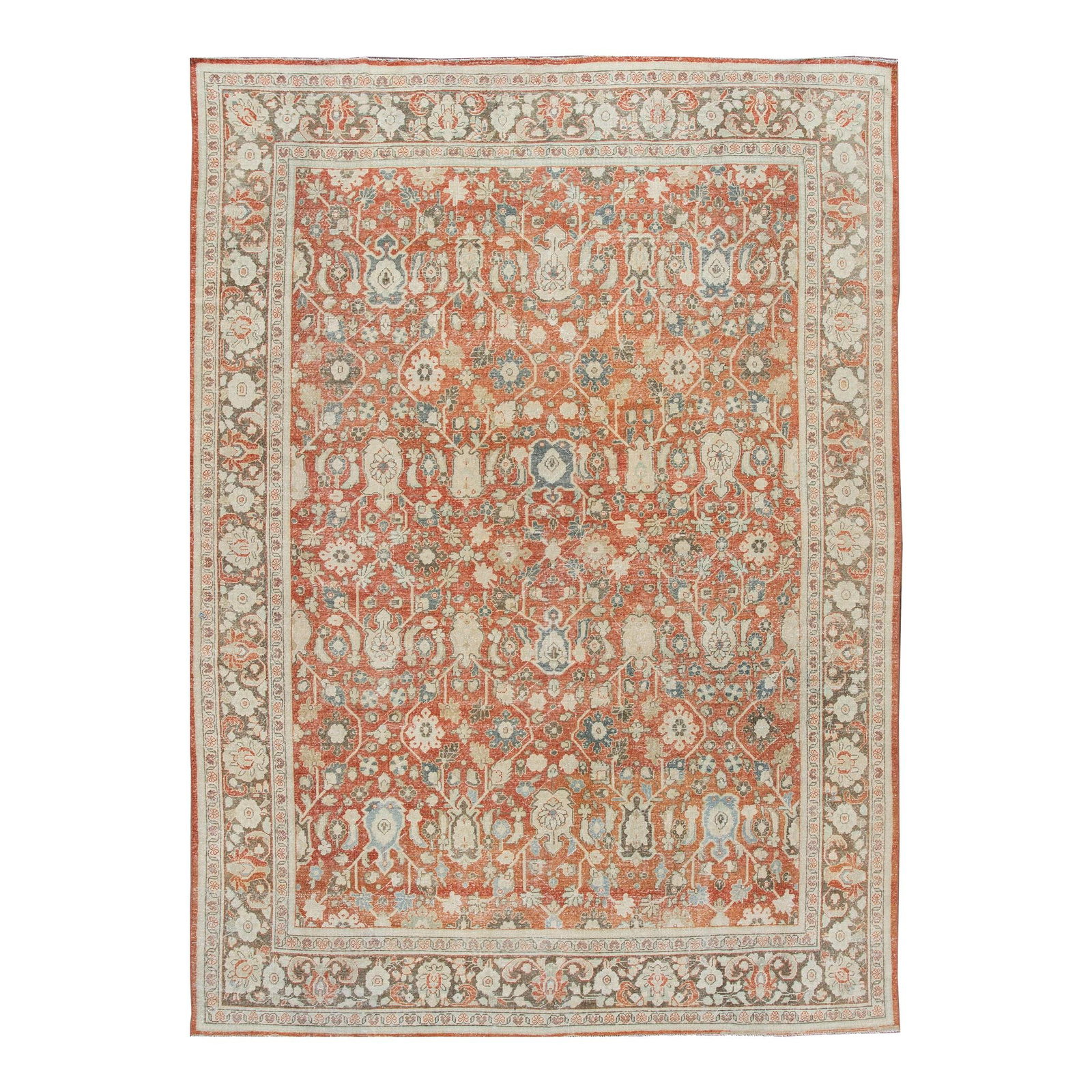 Antique Persian Mahal Hand-Knotted Wool Rug 9'3 x 13 Red Floral Design: Antique Persian Mahal Hand-Knotted Wool Rug 9'3 x 13 Red Floral Design This exquisite antique Persian Mahal rug showcases a stunning hand-knotted wool construction featuring a vibrant red field adorne