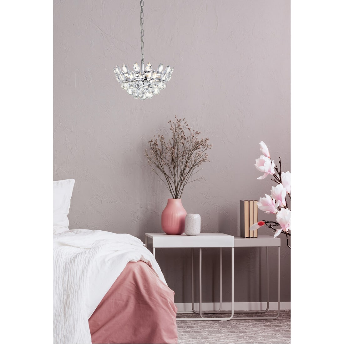 Emilia 3 Light Crystal Pendant in Chrome: Emilia 3 Light Crystal Pendant in Chrome Modern elegant pendant chandelier with a chrome finish and clear Royal Cut crystals. It is a 3-light fixture designed for indoor use, with hardwired power, wal
