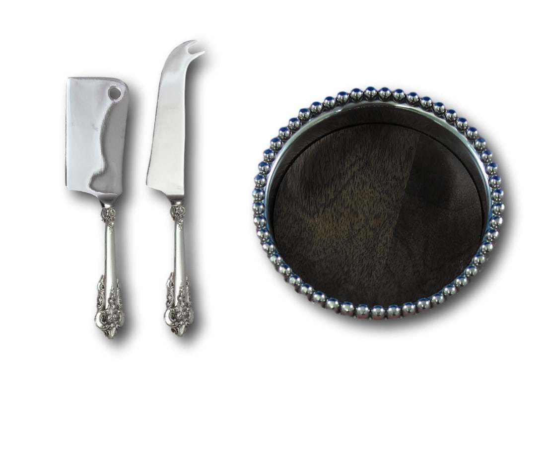 Grande Baroque Wallace Sterling Silver Cheese Set with Mikasa Coaster: Grande Baroque Wallace Sterling Silver Cheese Set with Mikasa Coaster Elevate your entertaining experience with the Grande Baroque Wallace Sterling Silver Cheese and Wine Serving Set. This exquisite s