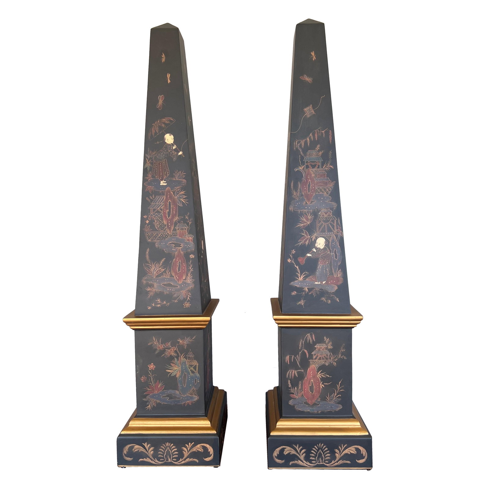 Set of 2 Vintage Chinoiserie Giltwood Obelisks 36.25 in Italy: Set of 2 Vintage Chinoiserie Giltwood Obelisks 36.25 in Italy This captivating pair of Vintage Chinoiserie & Partial Gilt Wood Decorated Obelisks stands as a testament to timeless elegance and artisti
