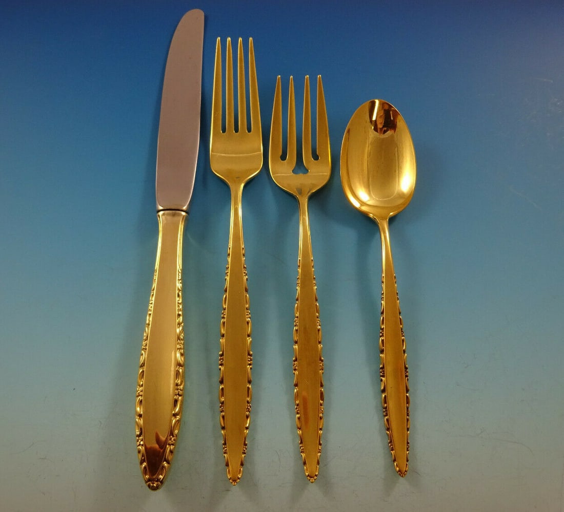 Lunt Lace Point Gold Sterling Silver Flatware Set for 12 - 48 Pieces: Lunt Lace Point Gold Sterling Silver Flatware Set for 12 - 48 Pieces Elevate your dining experience with this exquisite Lunt Sterling Silver Flatware Set in the Lace Point Gold pattern. This 48-piece 
