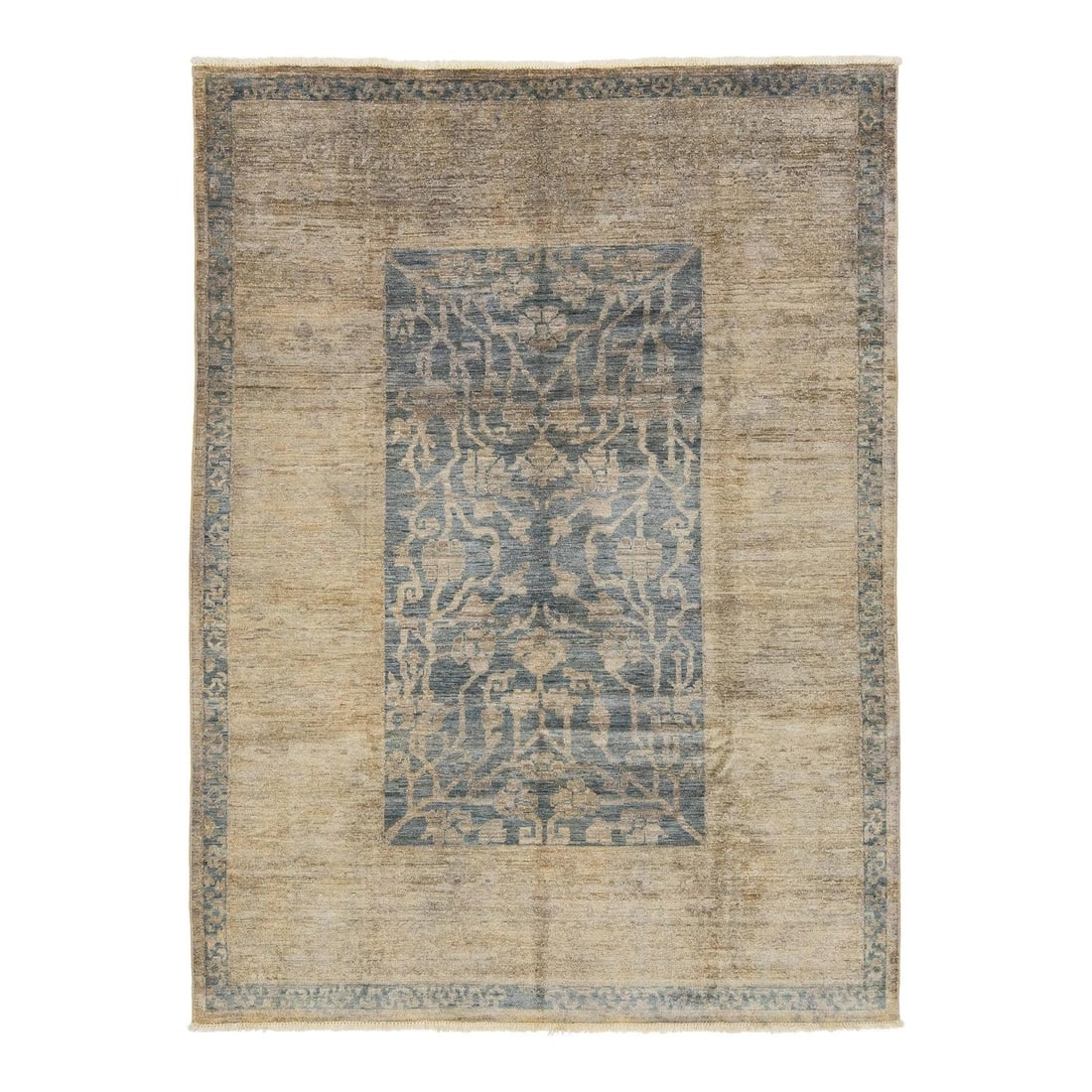 Modern Oushak Blue Wool Rug with Floral Patterns 6'2 x 8'4: Modern Oushak Blue Wool Rug with Floral Patterns 6'2 x 8'4 Enhance your space with this modern Oushak-style wool rug that artfully combines contemporary aesthetics with the timeless appeal of traditio
