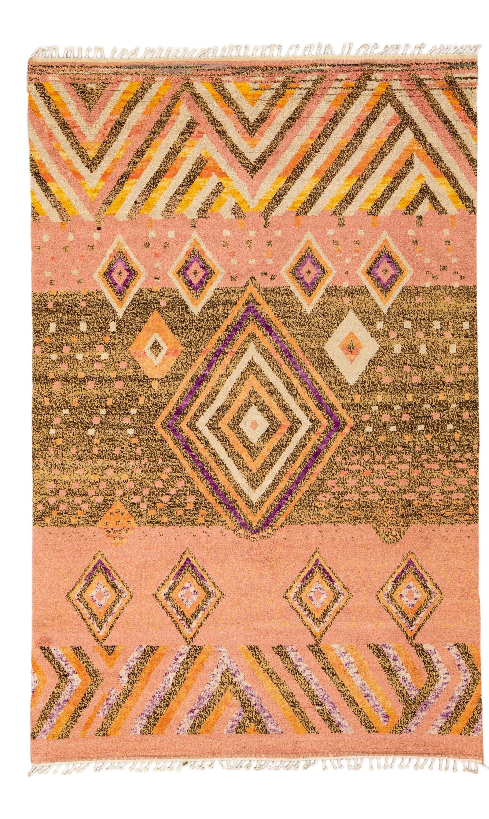Handmade Moroccan Wool Rug Peach Geometric Design 9'4 x 14'5: Handmade Moroccan Wool Rug Peach Geometric Design 9'4 x 14'5 Enhance your living space with this stunning Modern Moroccan Style Handmade Wool Rug. Featuring a soft peach field adorned with vibrant acc