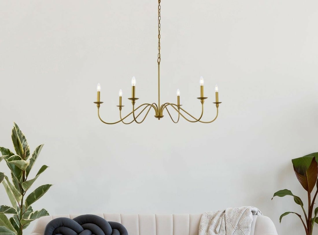 Rohan 42 Inch Brass Finish 6 Light Chandelier for Dining or Living Room: Rohan 42 Inch Brass Finish 6 Light Chandelier for Dining or Living Room This modern farmhouse chandelier features a 6-light design with a brass-colored metal frame in the style of wrought iron. The fi