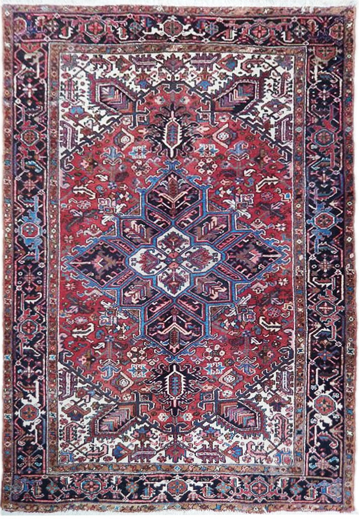 Handcrafted 6'4 x 9'4 Red Persian Heriz Rug Silk-like Pile: Handcrafted 6'4 x 9'4 Red Persian Heriz Rug Silk-like Pile Free continental US Shipping Experience the elegance of this handcrafted 6' 4" x 9' 4" Red Semi-Antique Persian Heriz Rug, meticulously creat