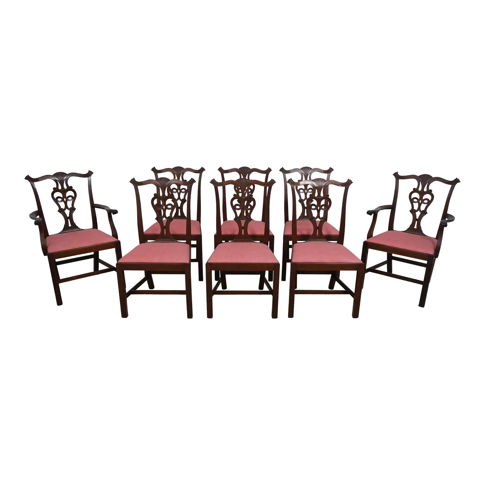 Set of 8 Chippendale Mahogany Dining Chairs by Baker or Kittinger: Set of 8 Chippendale Mahogany Dining Chairs by Baker or Kittinger This exquisite set of 8 dining room chairs showcases fine craftsmanship and a timeless Chippendale design, reflecting the elegance of 