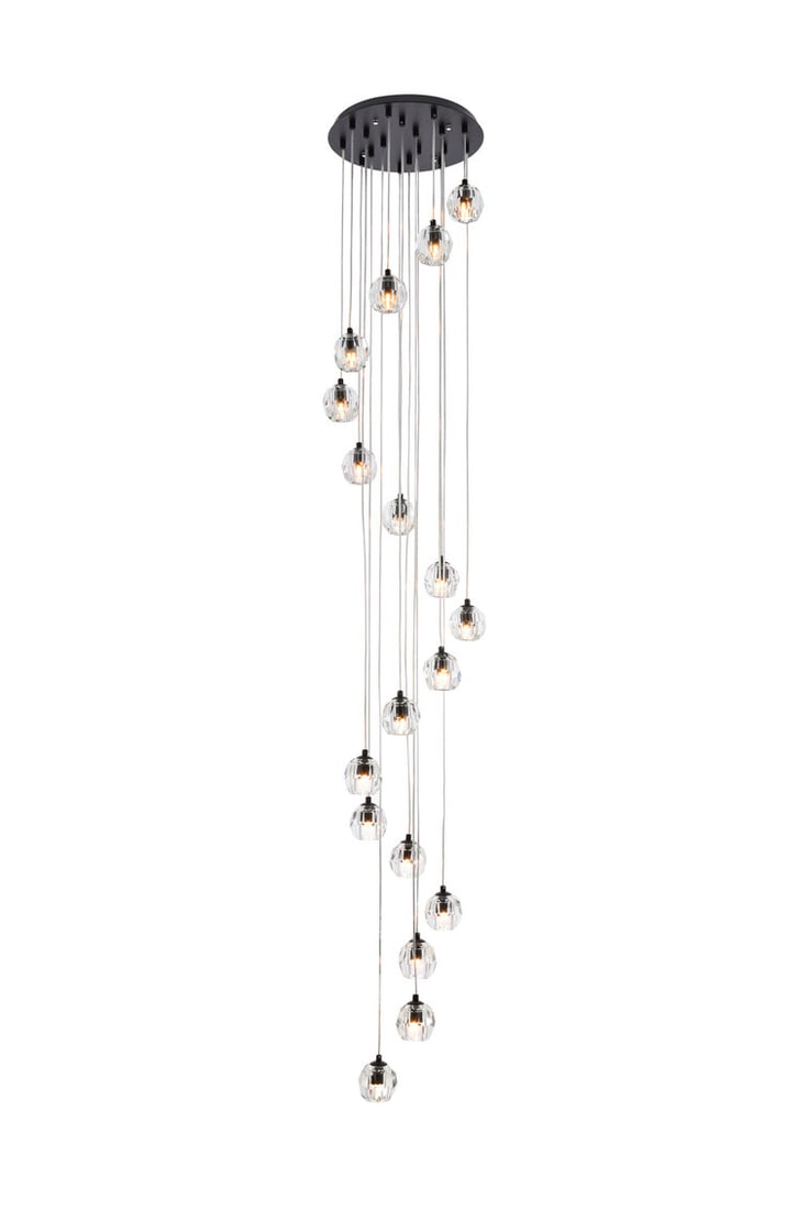 Eren black crystal 18-light pendant chandelier: Eren black crystal 18-light pendant chandelier This modern 18-light black pendant chandelier features a striking combination of iron, stainless steel, and clear crystal shades. Designed for versatilit