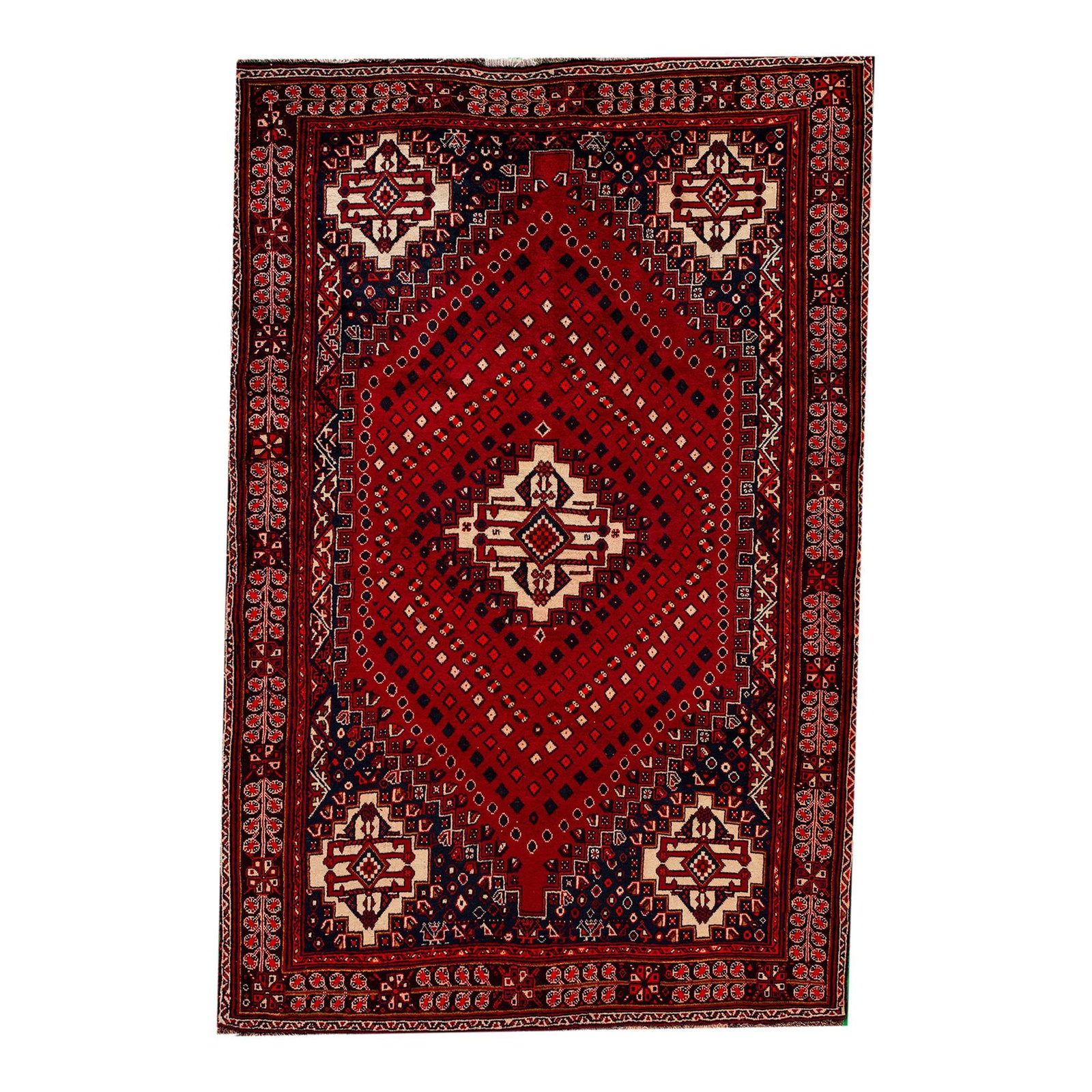 Vintage Persian Shiraz Handmade Wool Rug Red Tribal Design 5'8 X 8'7: Vintage Persian Shiraz Handmade Wool Rug Red Tribal Design 5'8 X 8'7 Enhance your living space with this stunning vintage Persian Shiraz hand-knotted wool rug. Featuring a vibrant red field adorned wi