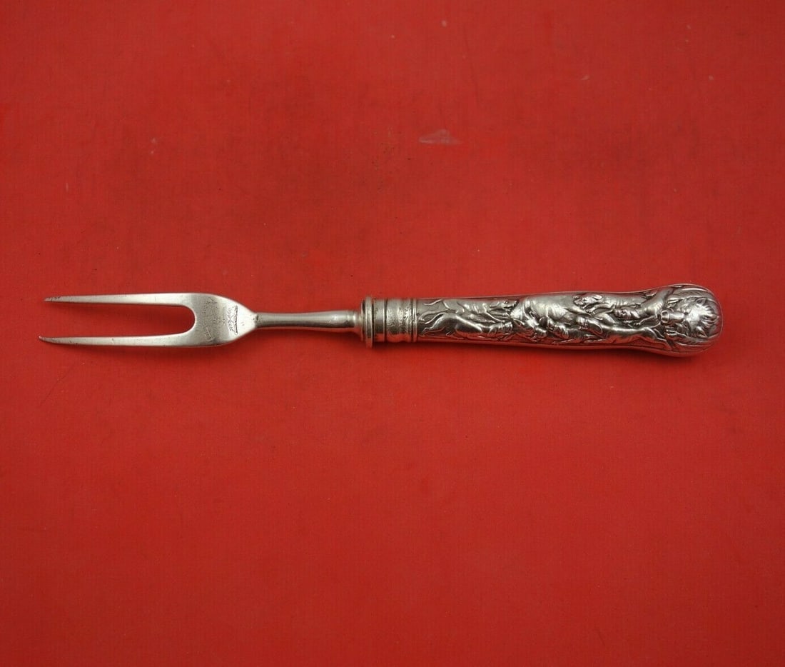 Stag Hunt Sterling Silver 2-Tine Serving Fork 9.5 inches: Stag Hunt Sterling Silver 2-Tine Serving Fork 9.5 inches This exquisite serving fork features a classic 2-tine design, crafted from sterling silver with a hollow handle. The fork showcases the elegant