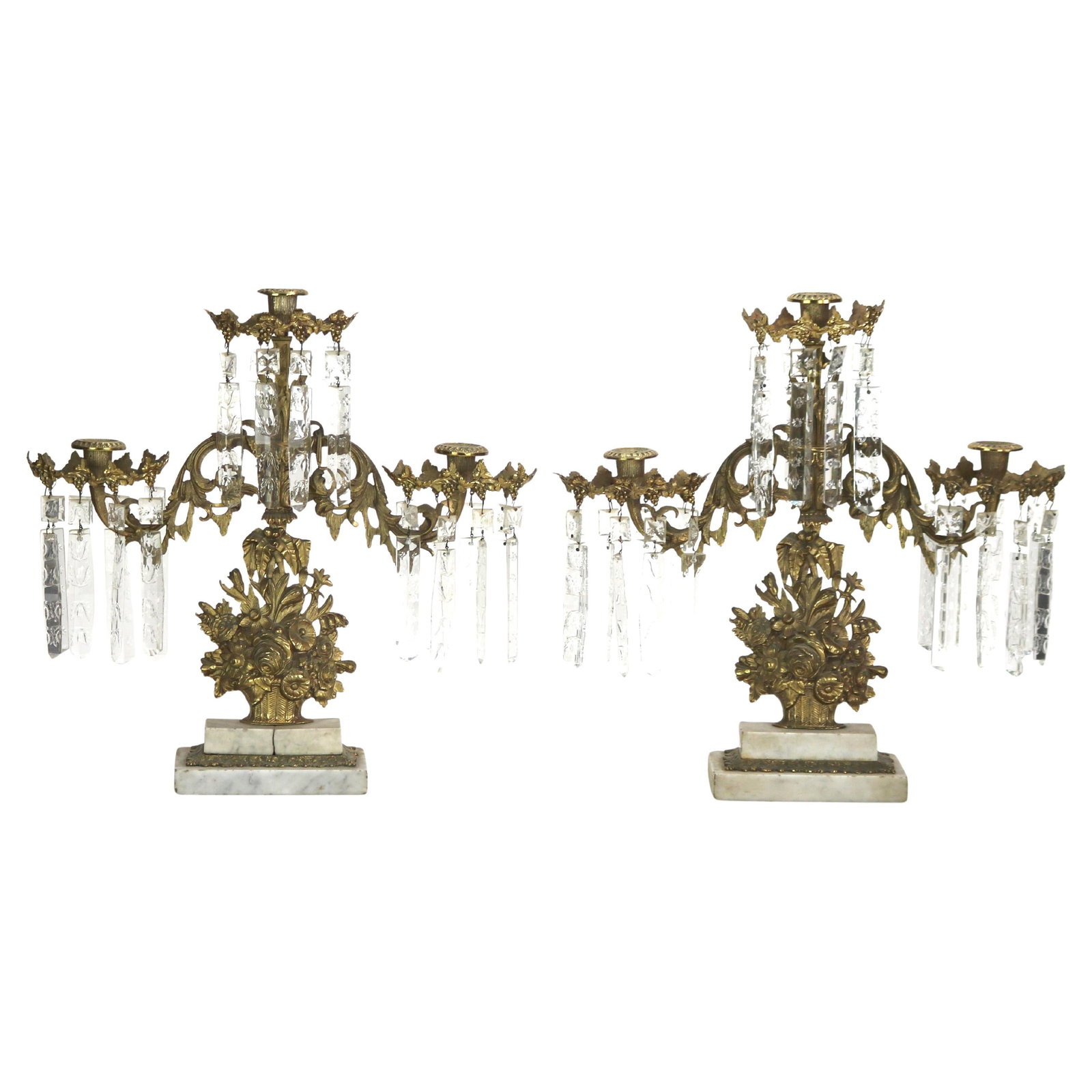 Antique Bronze Crystal Girandoles Pair Three-Light Floral C1880 (1 of 14)