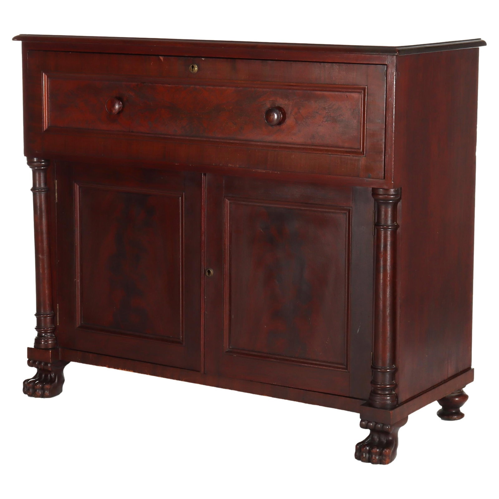 Antique C1840 American Empire Flame Mahogany Butler's Desk: Antique C1840 American Empire Flame Mahogany Butler's Desk This Antique American Empire Classical Flame Mahogany Butler's Desk, crafted circa 1840, exemplifies the elegance of early 19th-century Ameri