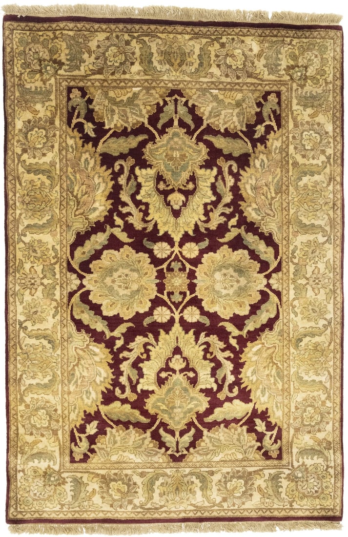 Floral Pattern Wool Area Rug Hand-Knotted in India 4'2 x 6'1: Floral Pattern Wool Area Rug Hand-Knotted in India 4'2 x 6'1 This handmade Oriental area rug features a thick, medium pile and a floral design, crafted using hand-knotted wool. With a modern regional 