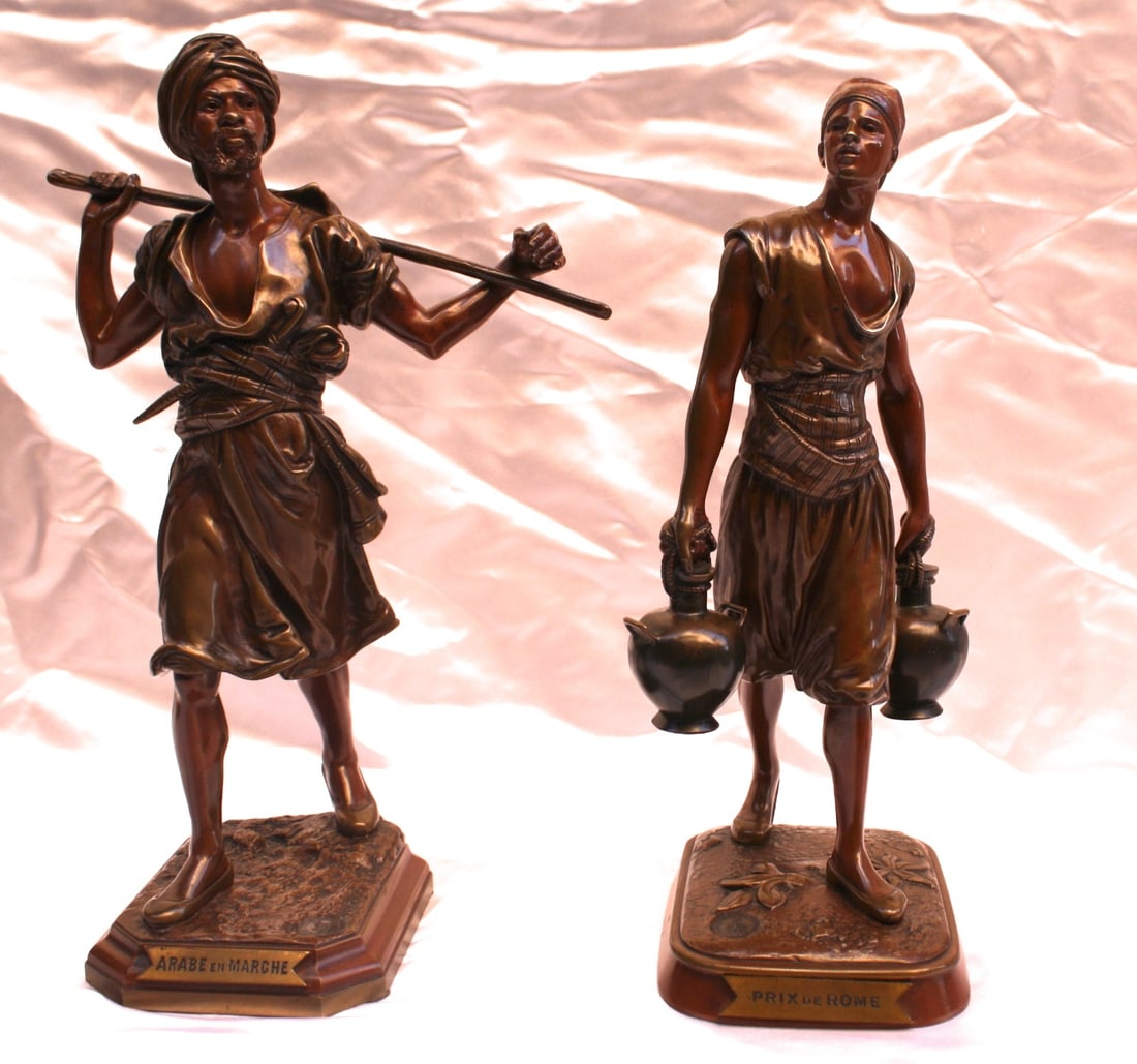 19th Century Bronze Statues by Marcel Debut Orientalism Pair: 19th Century Bronze Statues by Marcel Debut Orientalism Pair This exquisite pair of French bronze statues exemplifies 19th-century Orientalism and is the work of renowned artist Marcel Debut (1865-193