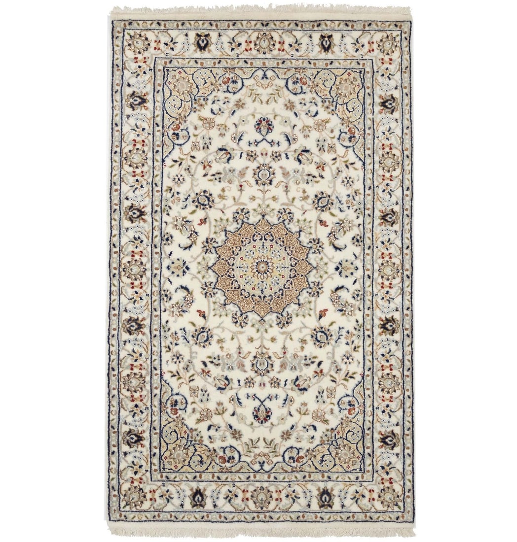 Hand-Knotted 3x5 ft Floral Medallion Ivory Oriental Rug: Hand-Knotted 3x5 ft Floral Medallion Ivory Oriental Rug Enhance your living space with this exquisite 3x5 ft Indo-Nain Ivory Oriental Rug featuring a stunning floral medallion design. Crafted in India