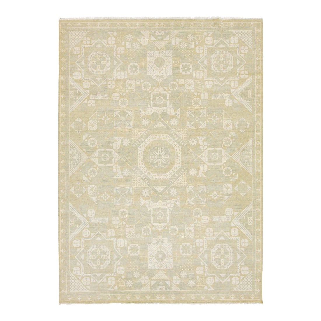 10x14 Wool Area Rug Modern Khotan Style in Sage and Ivory: 10x14 Wool Area Rug Modern Khotan Style in Sage and Ivory This Modern Khotan style geometric area rug is handcrafted in wool and features a muted palette of soft sage green, sandy beige, and ivory. It