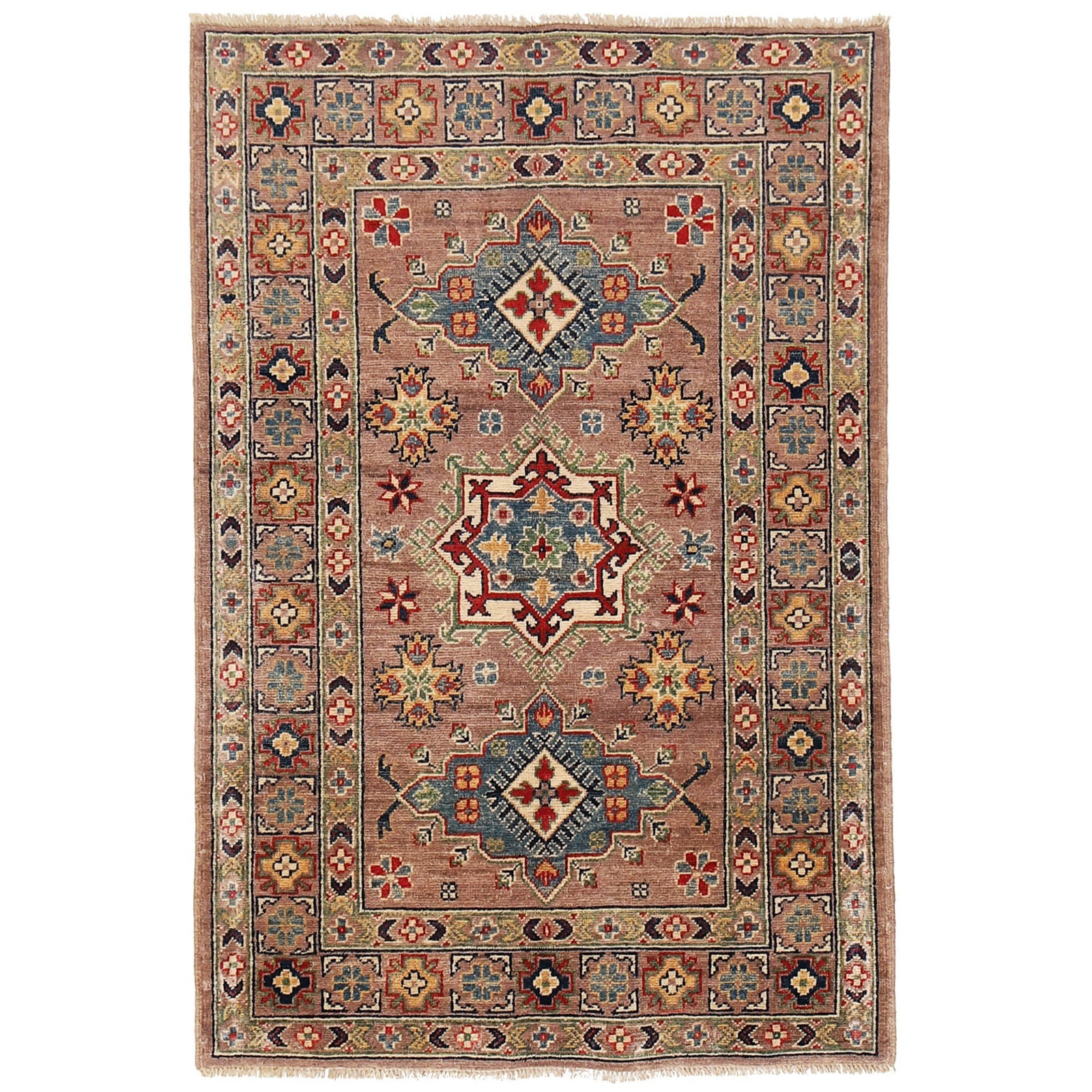 Handmade Mustard Brown Kazak Rug 3.3 x 4.11 Feet Natural Wool: Handmade Mustard Brown Kazak Rug 3.3 x 4.11 Feet Natural Wool Free continental US Shipping Discover the exquisite craftsmanship of our 3.3 x 4.11 Handmade Mustard Brown Kazak Rug, meticulously crafted