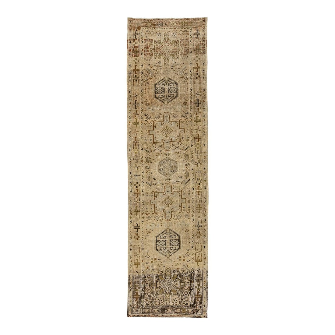 2'11" x 10'11" Antique Heriz Serapi Wool Hall Runner: 2'11" x 10'11" Antique Heriz Serapi Wool Hall Runner Antique Heriz Serapi style wool runner with a naturally muted color palette and an elongated geometric design. It features geometric medallions, ab