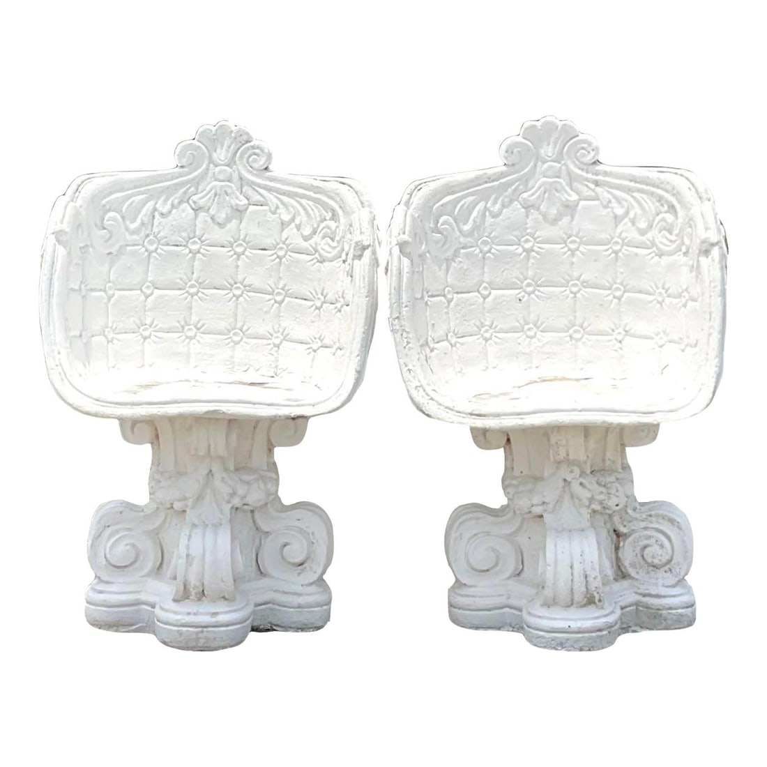 Pair of Vintage White Cast Concrete Outdoor Lounge Chairs: Pair of Vintage White Cast Concrete Outdoor Lounge Chairs Elevate your outdoor space with this pair of Vintage Cast Concrete Outdoor Lounge Chairs. Featuring a classic American-style design, these cha