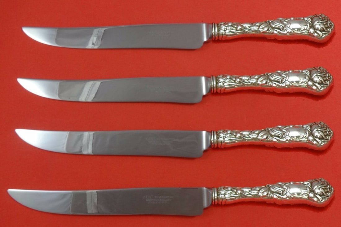 Bridal Rose by Alvin Sterling Silver Steak Knives 4pc Texas Sized Set: Bridal Rose by Alvin Sterling Silver Steak Knives 4pc Texas Sized Set Elevate your dining experience with this exquisite 4-piece set of Bridal Rose by Alvin Sterling Silver Steak Knives. Crafted with 