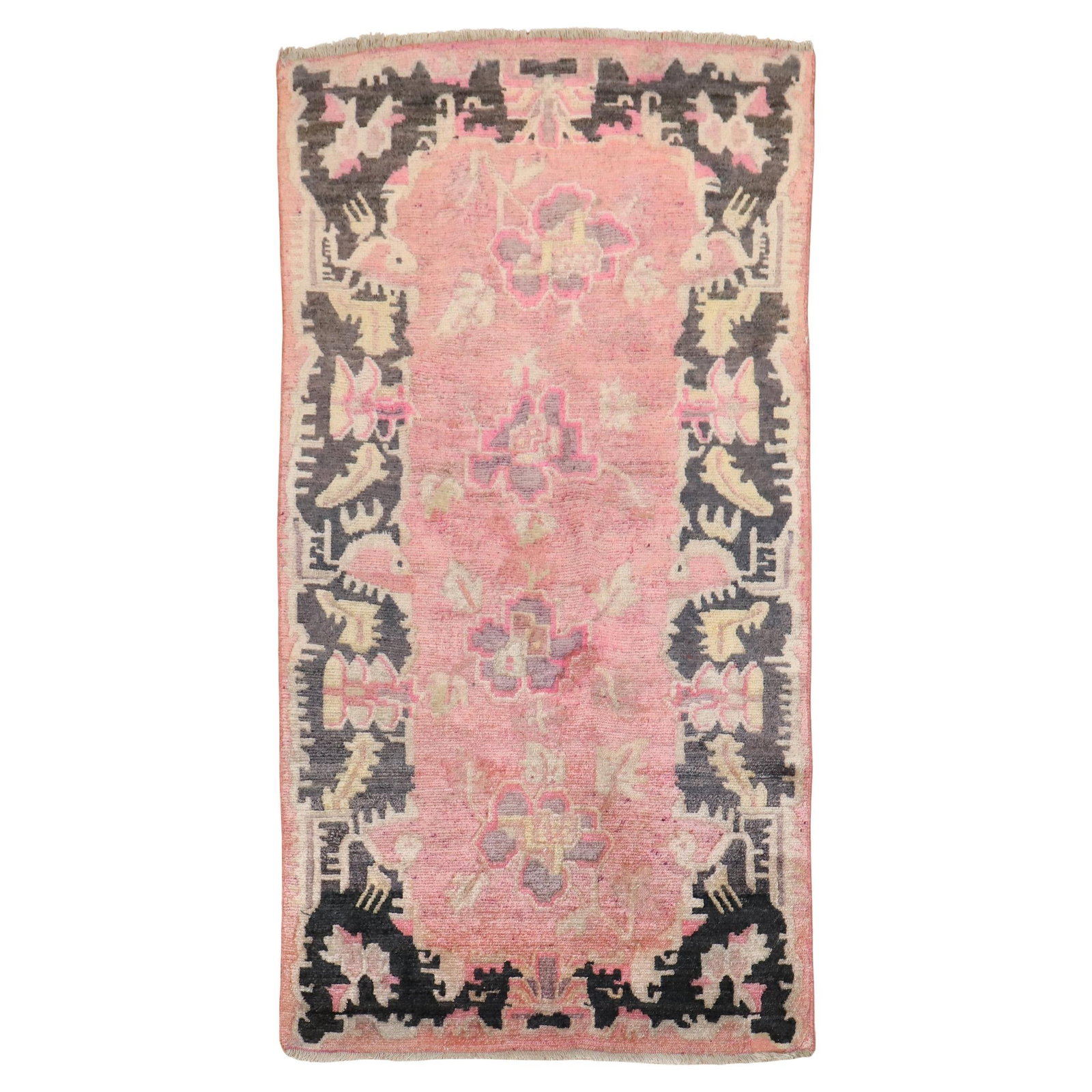 Early 20th Century Tibetan Pink Floral Wool Rug 3' x 4'9'': Early 20th Century Tibetan Pink Floral Wool Rug 3' x 4'9'' Introducing the Zabihi Collection Pink Floral Tibetan Rug, a stunning hand-woven piece that showcases the exquisite craftsmanship of early 20