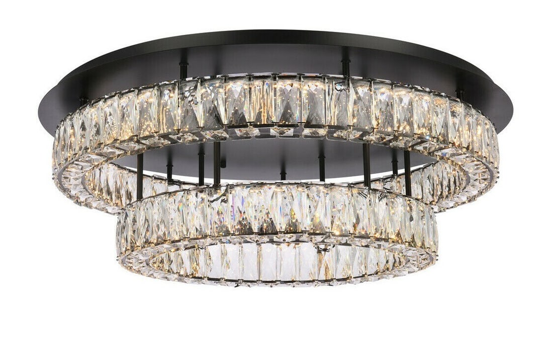Monroe 30 Black Crystal LED Flush Mount Chandelier: Monroe 30 Black Crystal LED Flush Mount Chandelier This modern two-tier flush mount chandelier features a sleek black finish and sparkling Royal Cut clear crystals, offering a sophisticated lighting s