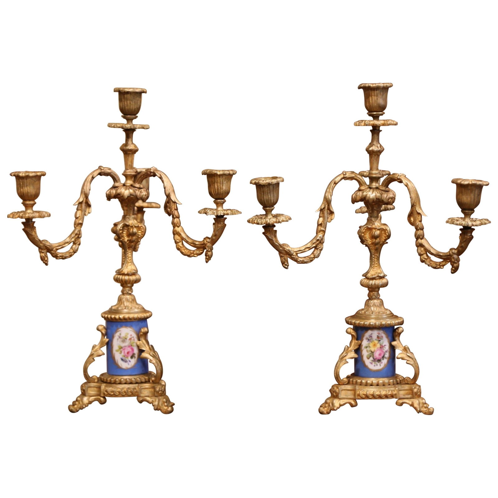 Set of 2 French Louis XVI Gilt Bronze Porcelain Candelabras: Set of 2 French Louis XVI Gilt Bronze Porcelain Candelabras This pair of French Louis XVI candelabras, dating to circa 1870, exemplifies refined 19th-century craftsmanship. Each piece is constructed f