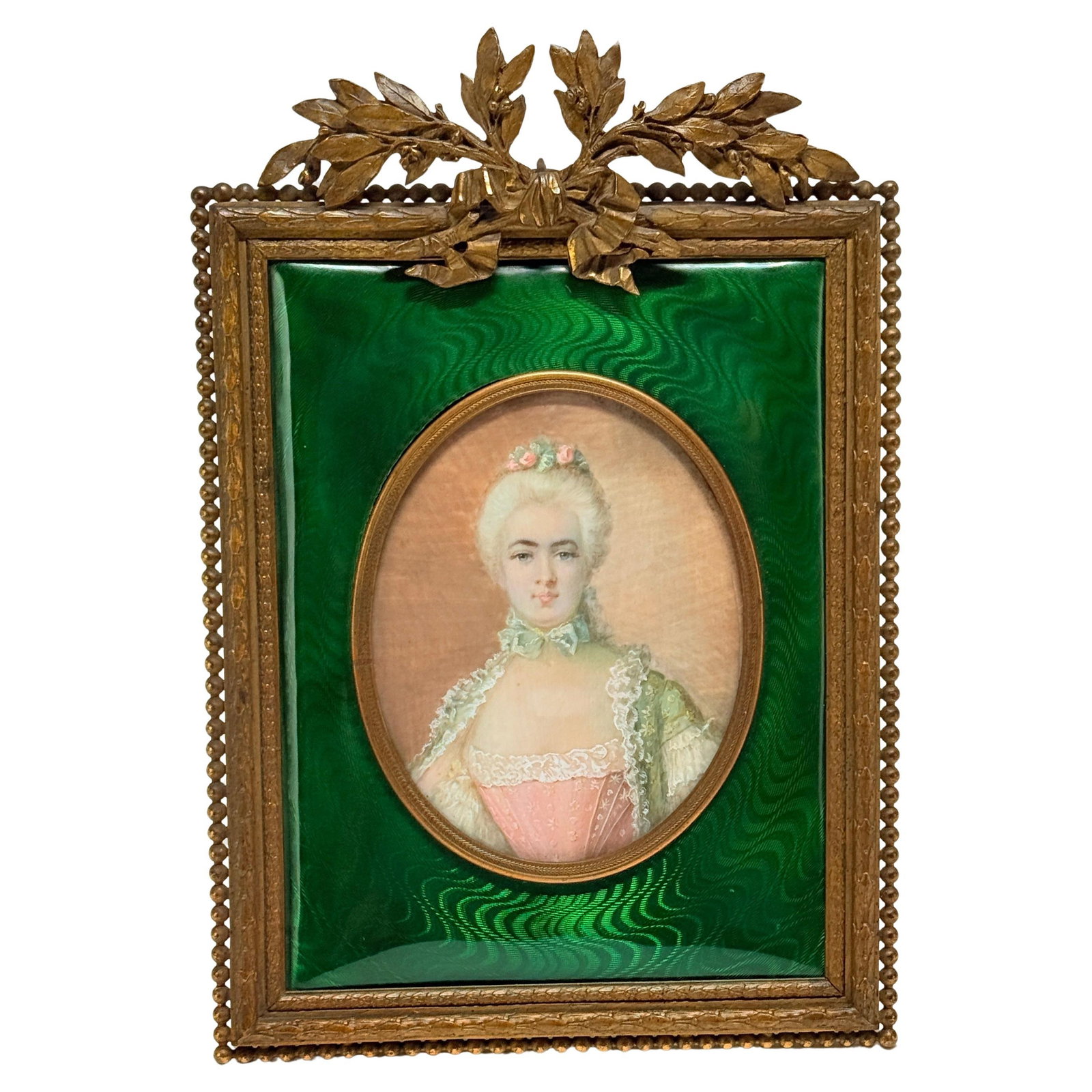 19th Century French Louis XVI Gilt Bronze & Green Enamel Picture Frame: 19th Century French Louis XVI Gilt Bronze & Green Enamel Picture Frame This exquisite French Louis XVI gilt bronze ormolu picture frame is a stunning example of 19th-century decorative arts. Measuring