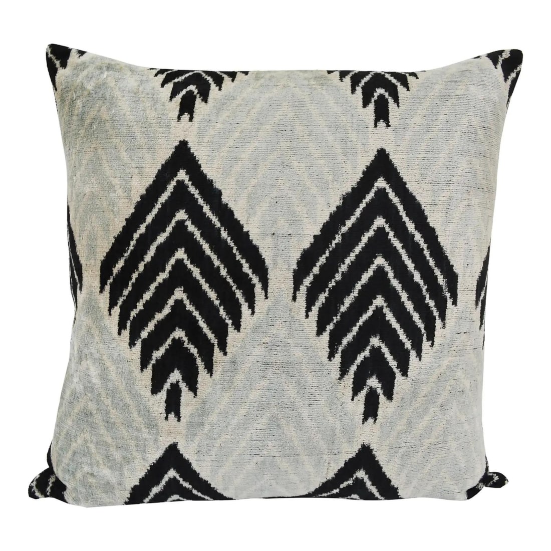 Square Silk Ikat Velvet Pillow with Linen Backing: Square Silk Ikat Velvet Pillow with Linen Backing This hand-made square pillow cushion features a luxurious silk Uzbek Ikat velvet front, complemented by a natural linen backing and a hidden zipper fo