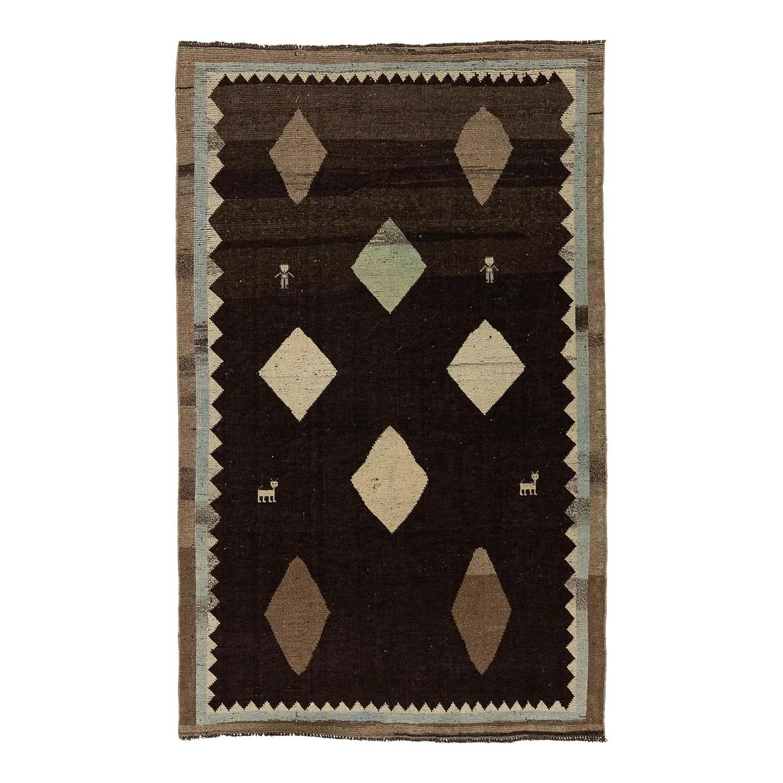 Brown Gabbeh Wool Rug 4'1 x 6'9 Hand Knotted Folk Art Figures: Brown Gabbeh Wool Rug 4'1 x 6'9 Hand Knotted Folk Art Figures This hand-knotted Gabbeh wool rug combines traditional tribal artistry with a modern, minimalist aesthetic. Crafted by nomadic artisans, t
