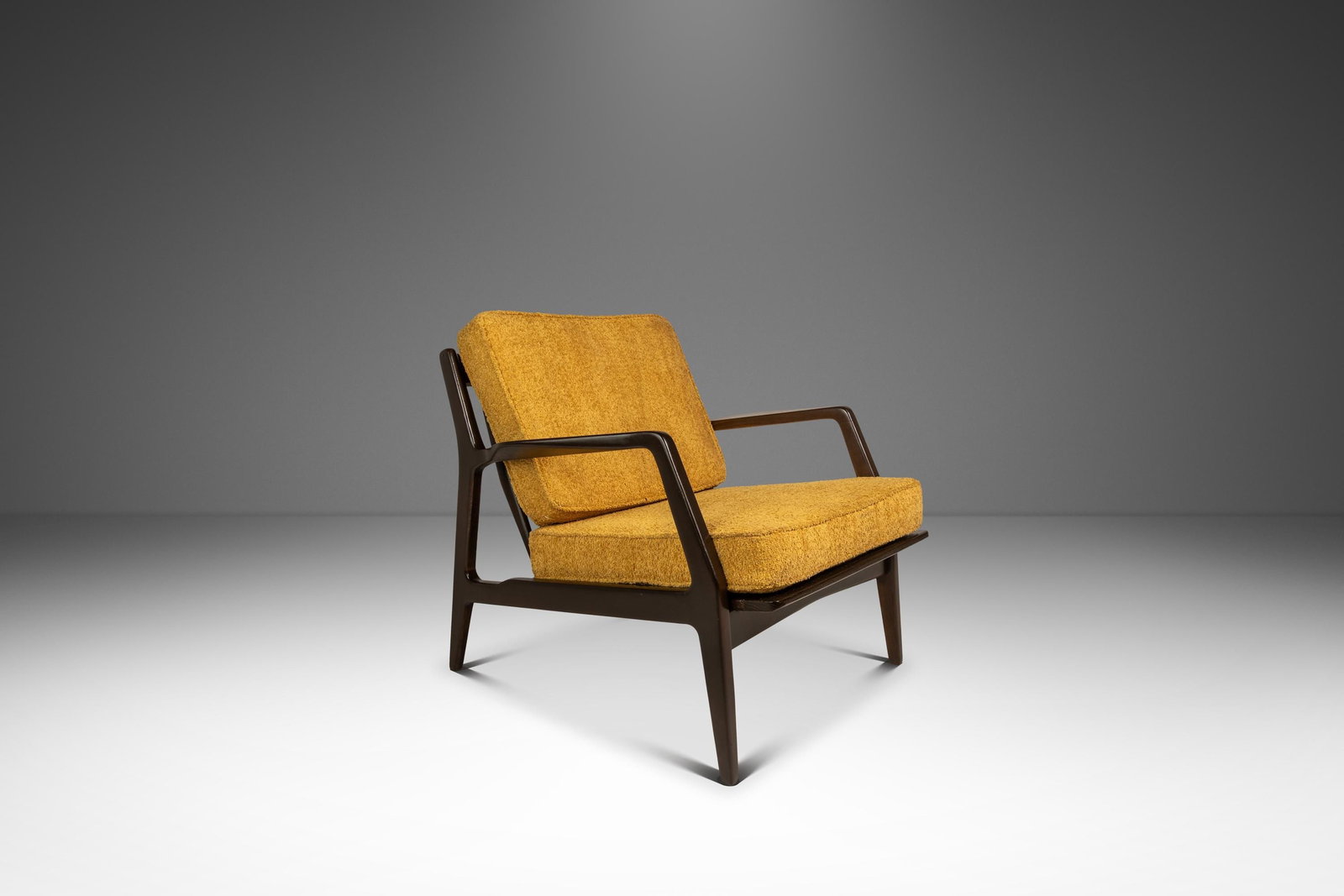 Selig Model 596 Danish Beech Boucle Lounge Chair: Selig Model 596 Danish Beech Boucle Lounge Chair This Danish Mid-Century Modern Model 596 Lounge Chair, designed by Lawrence Peabody and Ib Kofod Larsen for Selig in Denmark during the 1950s, is a rar