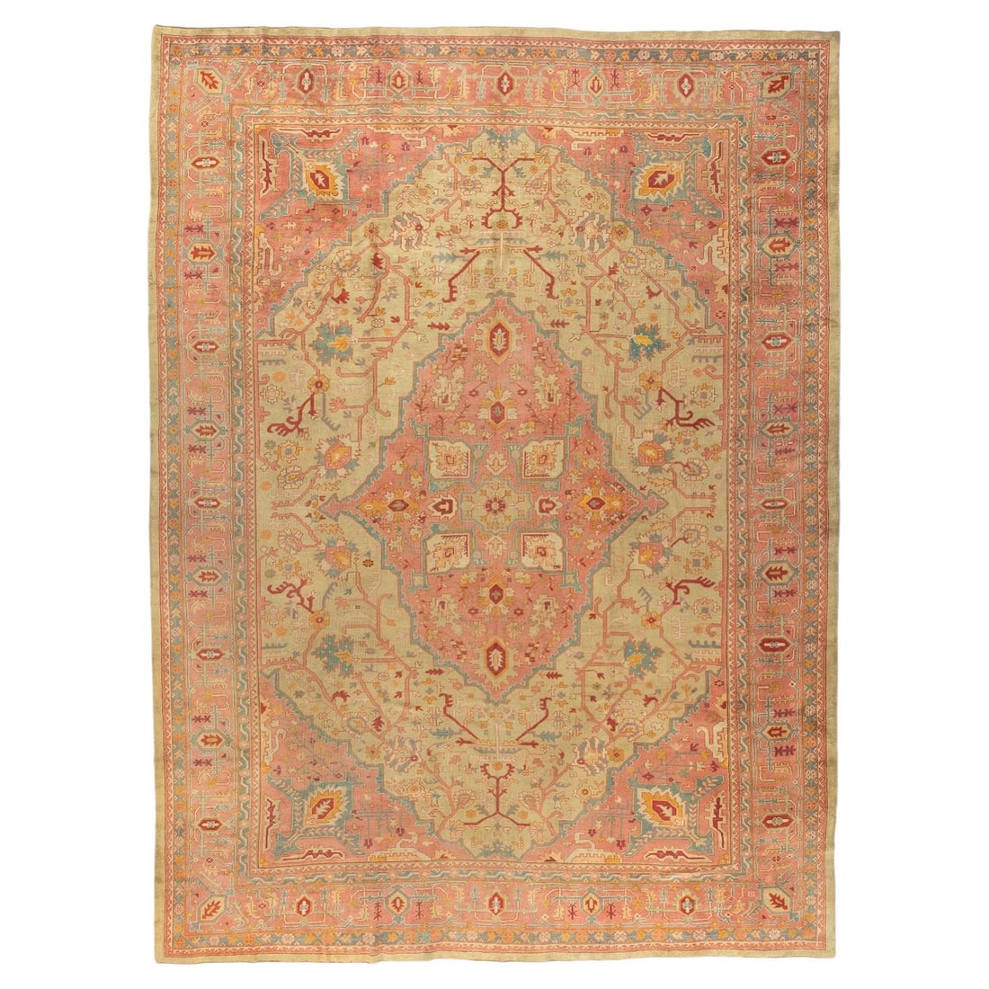 Oversize Early 20th Century Oushak Carpet Green and Pink Turkey 13'2 x 17'8: Oversize Early 20th Century Oushak Carpet Green and Pink Turkey 13'2 x 17'8 This is an early 20th-century oversized Turkish Oushak rug featuring a distinctive green and pink color palette. Hand-woven 