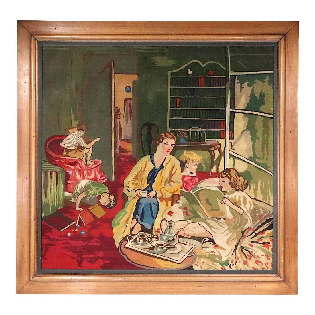 Victorian Framed Needlepoint Family Parlor Scene Artwork: Victorian Framed Needlepoint Family Parlor Scene Artwork This Victorian-style framed needlepoint beautifully captures a family enjoying leisure time in a cozy parlor, evoking a sense of charm and roma