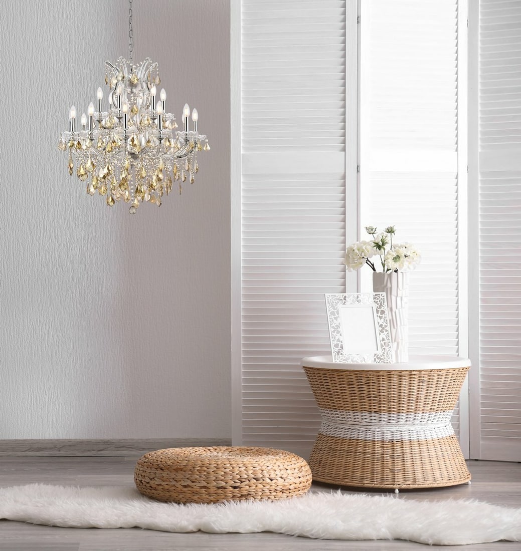 Maria Theresa 19 Light Crystal Chandelier Chrome 30 in: Maria Theresa 19 Light Crystal Chandelier Chrome 30 in This Maria Theresa 19-light chandelier features a chrome frame with golden teak (smoky) royal cut crystal glass accents. It is a hardwired indoor