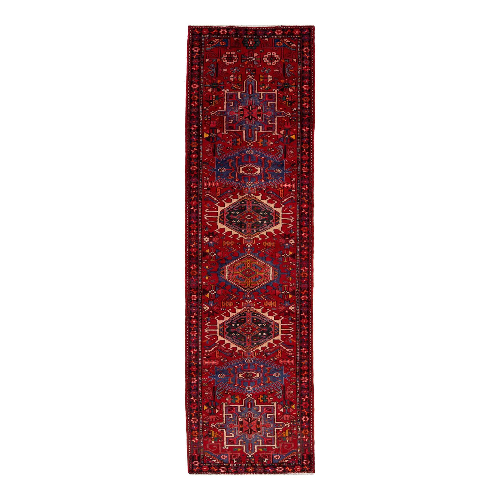 Handmade Persian Heriz Wool Runner Rug Red Tribal Design 3'1 x 10'10: Handmade Persian Heriz Wool Runner Rug Red Tribal Design 3'1 x 10'10 Enhance your space with this stunning Persian Heriz wool runner, meticulously hand-knotted in a vibrant red hue. The rug showcases 