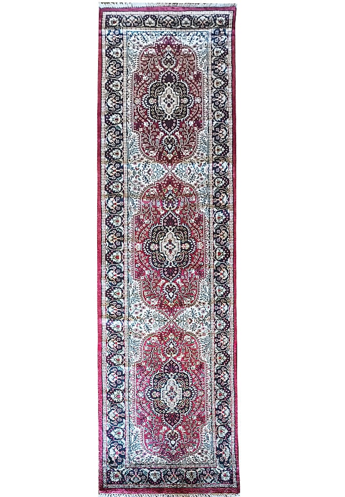 Exquisite 2.6 x 10.10 Hand-Knotted Kashmir Bamboo Silk Runner Rug: Exquisite 2.6 x 10.10 Hand-Knotted Kashmir Bamboo Silk Runner Rug Free continental US Shipping Transform your space with this exquisite hand-knotted Kashmir bamboo silk rug, measuring 2.6 x 10.10 feet