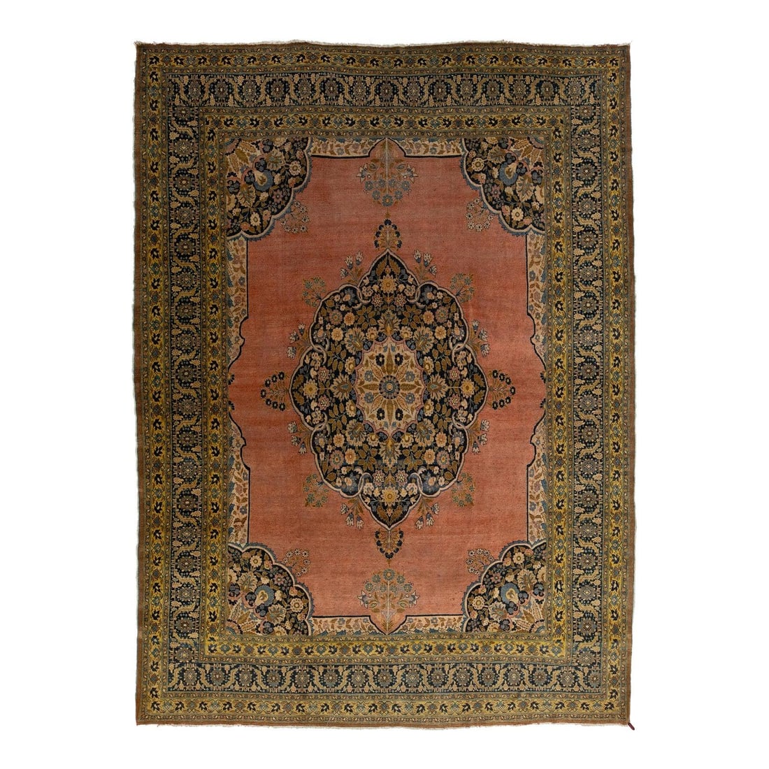 Antique Tabriz Wool Rug Handmade in Terracotta 9'5 x 12'11: Antique Tabriz Wool Rug Handmade in Terracotta 9'5 x 12'11 This exquisite antique Persian Tabriz rug showcases a rich terracotta field adorned with a beautifully detailed center medallion and a vibran