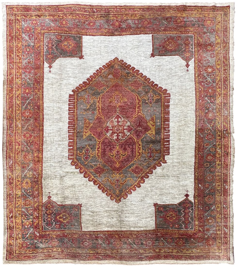 295cm x 328cm Antique Turkish Oushak Rug in Ivory Angora Wool (1 of 12)