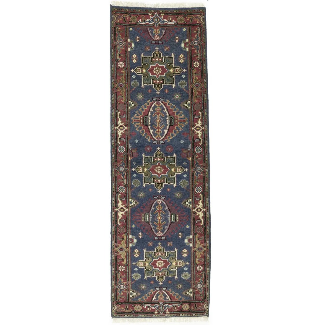 Hand Knotted Wool Tribal Geometric Runner Rug 2'7 x 8'0: Hand Knotted Wool Tribal Geometric Runner Rug 2'7 x 8'0 This handmade runner rug features a geometric tribal pattern in gray, red, cream, khaki, light green, and other colors. Crafted from wool using 