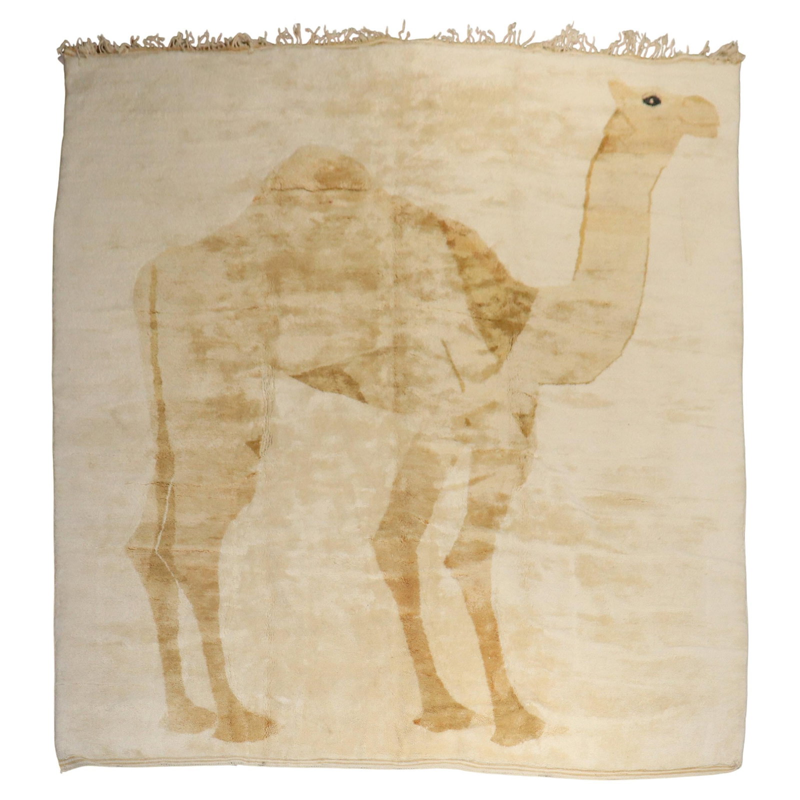 Unique Large Camel Hand-Knotted Moroccan Rug 11'9 x 13'7 Wool Modern: Unique Large Camel Hand-Knotted Moroccan Rug 11'9 x 13'7 Wool Modern This stunning Large Camel Moroccan Rug features a unique design with a cheerful camel resting on a soft ivory ground. Hand-knotted 