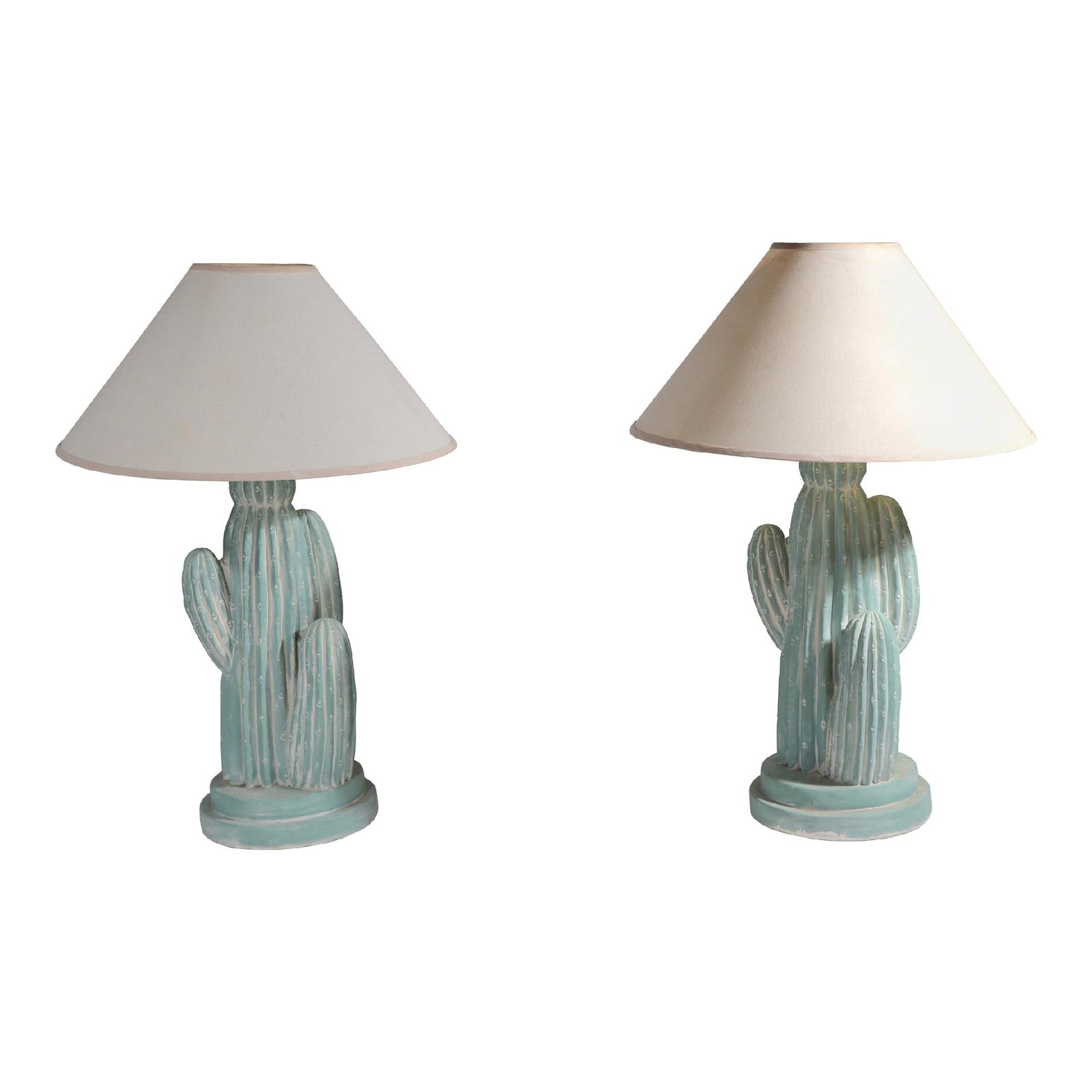 Chic Mid Century Cactus Table Lamps Pair by Bon Art Green Plaster: Chic Mid Century Cactus Table Lamps Pair by Bon Art Green Plaster This exquisite pair of Mid Century cast plaster cactus table lamps, attributed to Bon Art, adds a touch of chic elegance to any space.