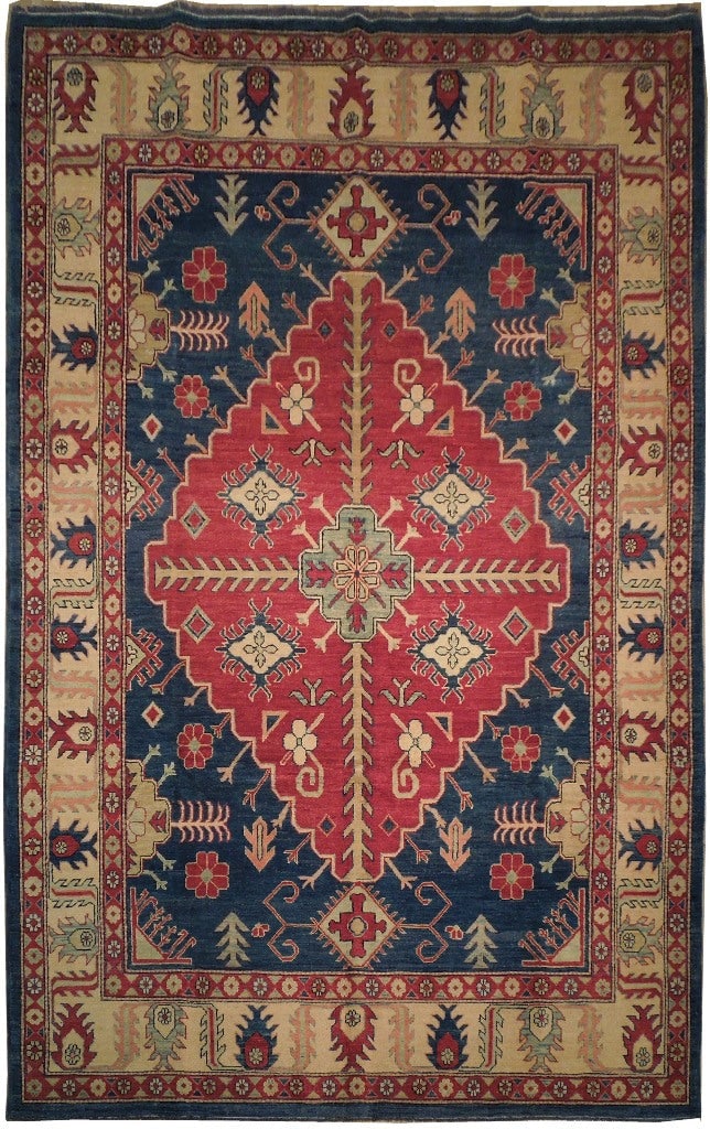 7 x 11 Afghan Kazak Rug Hand-Knotted Wool on Wool: 7 x 11 Afghan Kazak Rug Hand-Knotted Wool on Wool Free continental US Shipping Authentic Afghan Kazak rug with a bold tribal geometric design and a 7 x 11 size. It features a wool on wool construction
