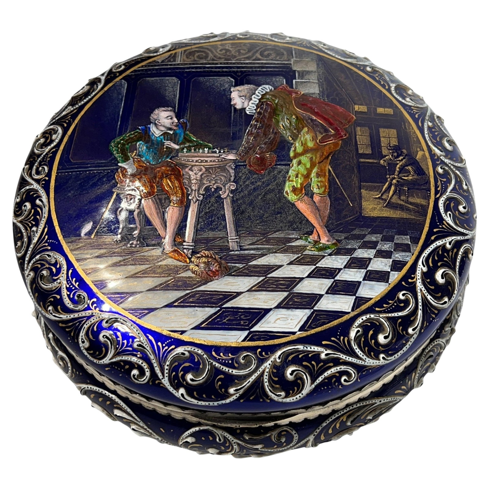 Cobalt Blue Glass Dresser Box With Chess Scene Enamel France 19th Century: Cobalt Blue Glass Dresser Box With Chess Scene Enamel France 19th Century This late 19th century French dresser box features rich cobalt blue glass adorned with exceptional gilt and enameled decoratio