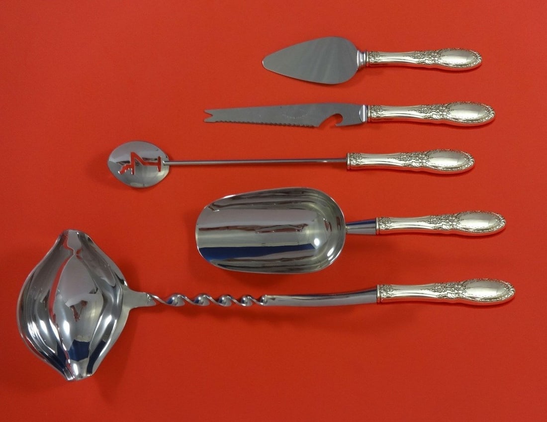 5pc Towle Old Mirror Sterling Silver Bar Hostess Set Custom Made: 5pc Towle Old Mirror Sterling Silver Bar Hostess Set Custom Made This Towle Old Mirror hostess set is a 5-piece custom-made cocktail party bar serving set in sterling silver with stainless steel imple